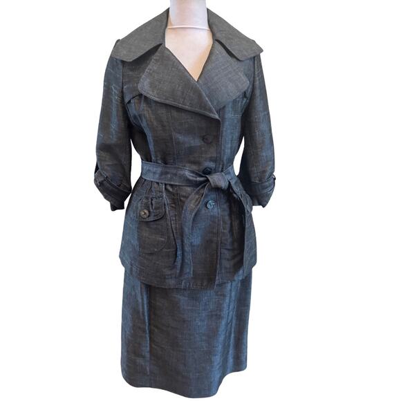 Jon Designer Linen Blend Denim Blue Belted 2 Piece Skirt Suit EUC 6 8 Medium - Picture 1 of 9